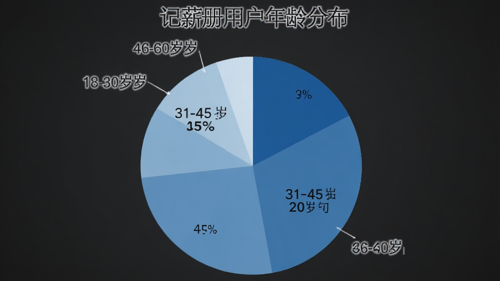 饼状图展示记薪册用户年龄分布,18-30岁占35%,31-45岁占45%,46-60岁占20%,图表颜色为蓝色系渐变,背景干净,数据标签清晰,画质高清无多余元素