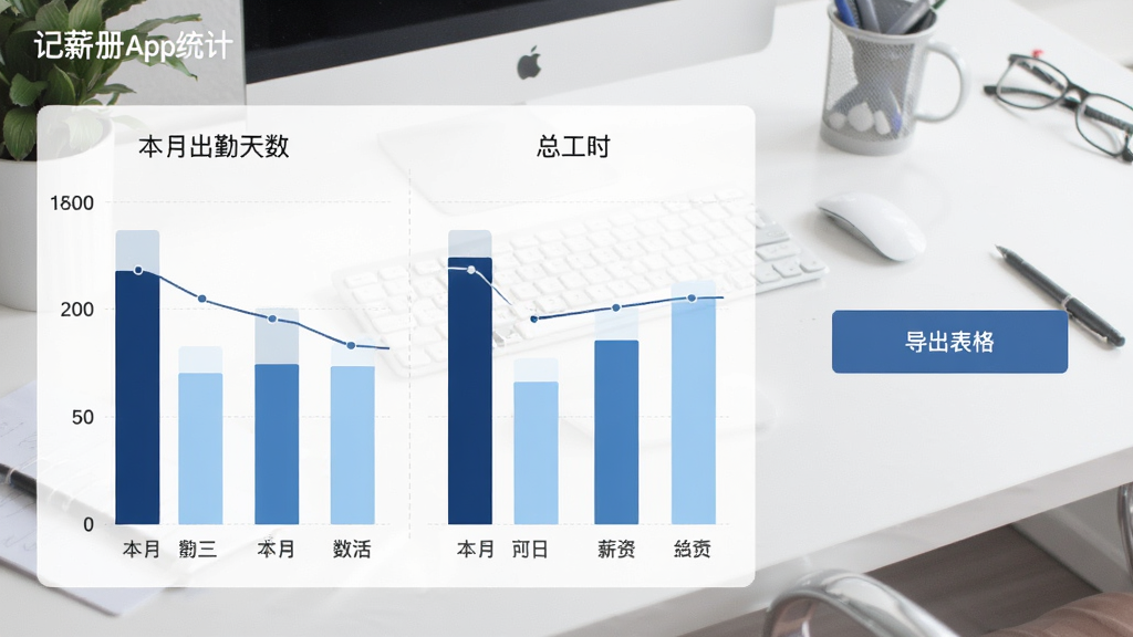 记薪册App统计页面截图,显示本月出勤天数、总工时、预估薪资的柱状图,图表颜色为深蓝和浅蓝搭配,旁边有“导出表格”按钮,背景是简约的办公桌桌面,画质干净,无杂乱元素