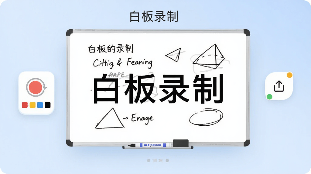 一张展示白板录制APP核心界面的图片,画面中央是一个干净的白板,上面有手写笔迹和几何图形,周围环绕着录制按钮、画笔颜色选项和分享图标,背景是柔和的浅蓝色渐变,风格现代简洁,画质干净无多余元素,突出“白板录制”字样
