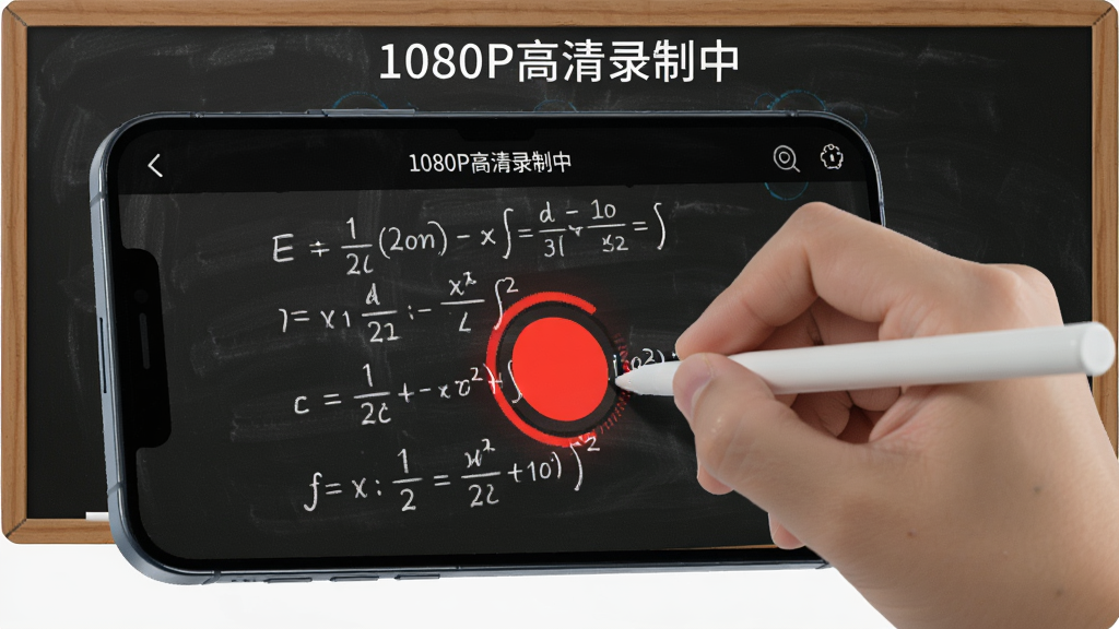 一张展示白板录制APP高清录制功能的图片,画面中一只手正在手机屏幕上书写数学公式,旁边有一个醒目的红色录制按钮正在闪烁,屏幕上方显示“1080P高清录制中”字样,背景是虚拟的黑板纹理,风格科技感十足,画质清晰,无多余元素