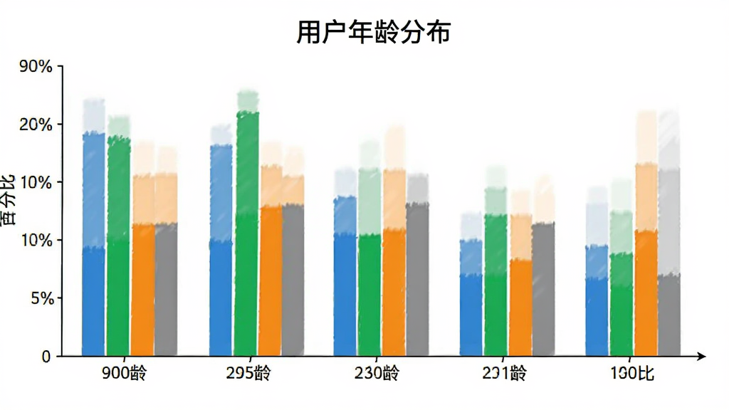 一张展示白板录制APP用户年龄分布的柱状图,横轴为年龄区间,纵轴为百分比,柱状图颜色分别为蓝色、绿色、橙色和灰色,图表标题为“用户年龄分布”,背景为白色,风格简洁清晰,无多余元素