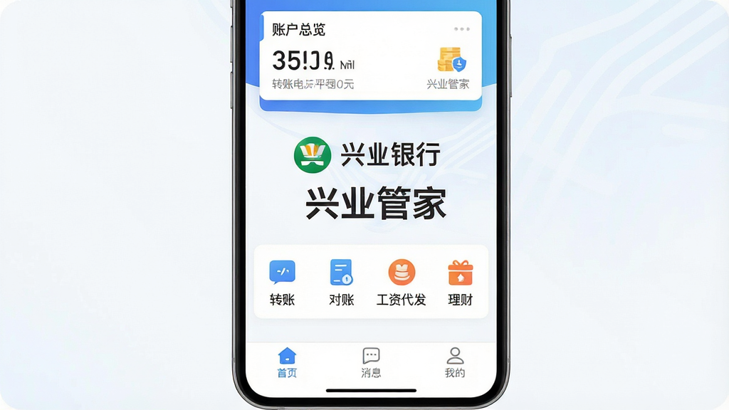 一张手机屏幕展示兴业管家App主界面,画面中央是兴业银行标志和“兴业管家”四个大字,背景是蓝白渐变色调,界面布局简洁清晰,顶部显示账户总览卡片,中间排列转账、对账、工资代发、理财等图标按钮,底部有首页、消息、我的三个选项卡,整体风格现代商务、扁平化设计,画质干净无多余元素,适合作为应用推荐头图。