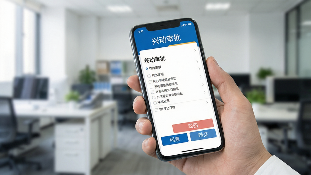 兴业管家移动审批功能展示图,画面中一只手拿着手机,手机屏幕上显示待审批列表和审批详情页,有“同意”“驳回”“转交”按钮,背景是办公室环境虚化,界面配色以兴业蓝和白色为主,文字清晰注明“移动审批”“待办事项”“审批记录”,整体风格专业高效,画质干净无杂乱元素。