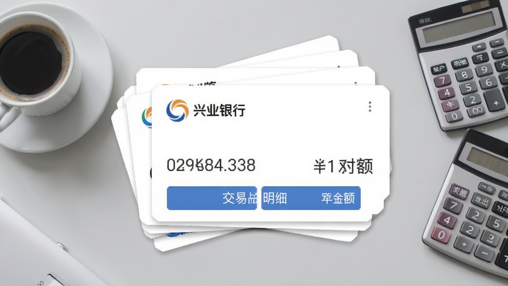 兴业管家App的企业账户管理界面截图风格,画面展示多个银行账户卡片叠放,每张卡片显示银行logo、尾号和余额,背景是浅灰色办公桌面,旁边放着一杯咖啡和计算器,界面文字清晰标注“账户总览”“交易明细”“导出对账单”等按钮,整体风格简洁商务,画质高清干净。