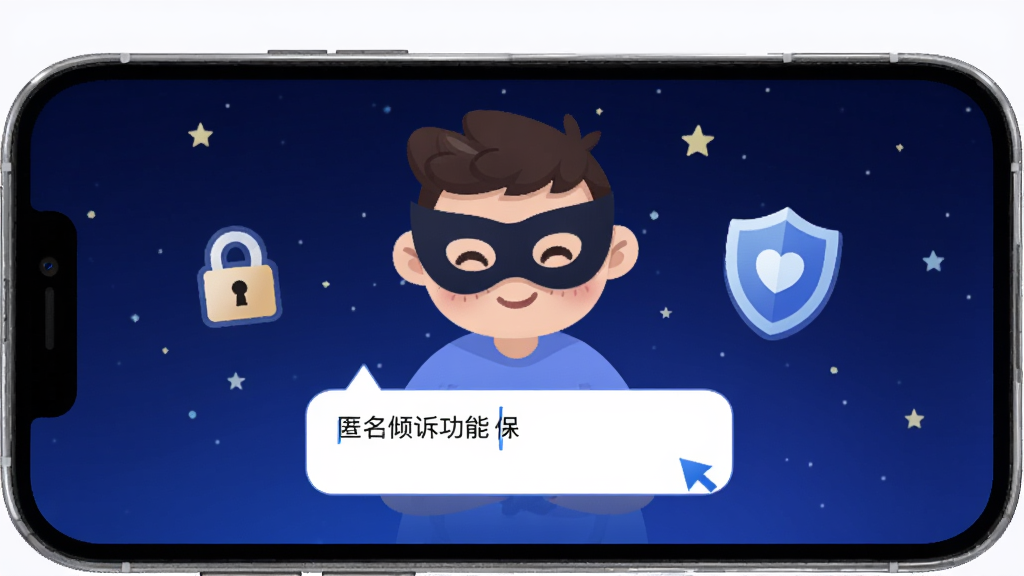 询惑App匿名倾诉功能界面,手机屏幕显示一个戴面具的卡通人物正在输入文字,周围有锁和盾牌图标代表隐私保护,背景是深蓝色星空,画面风格简洁现代,突出安全感,画质干净无多余元素