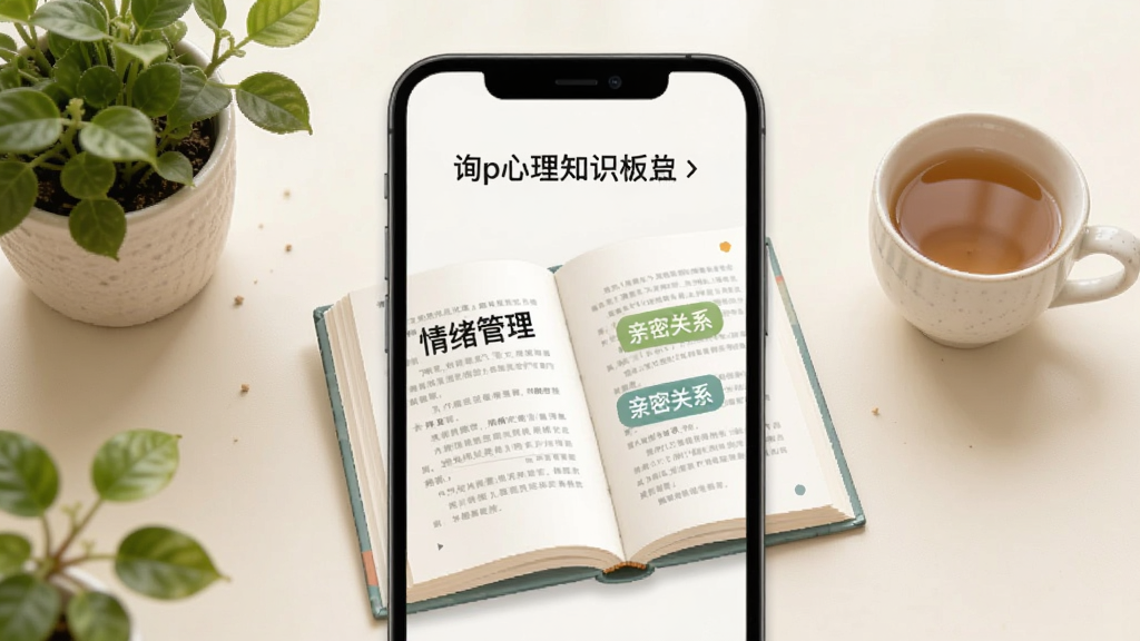询惑App心理知识板块界面,手机屏幕显示一本翻开的电子书,书页上有“情绪管理”“亲密关系”等标签,周围有绿植和茶杯点缀,背景是米白色,风格温馨宁静,画质干净清晰