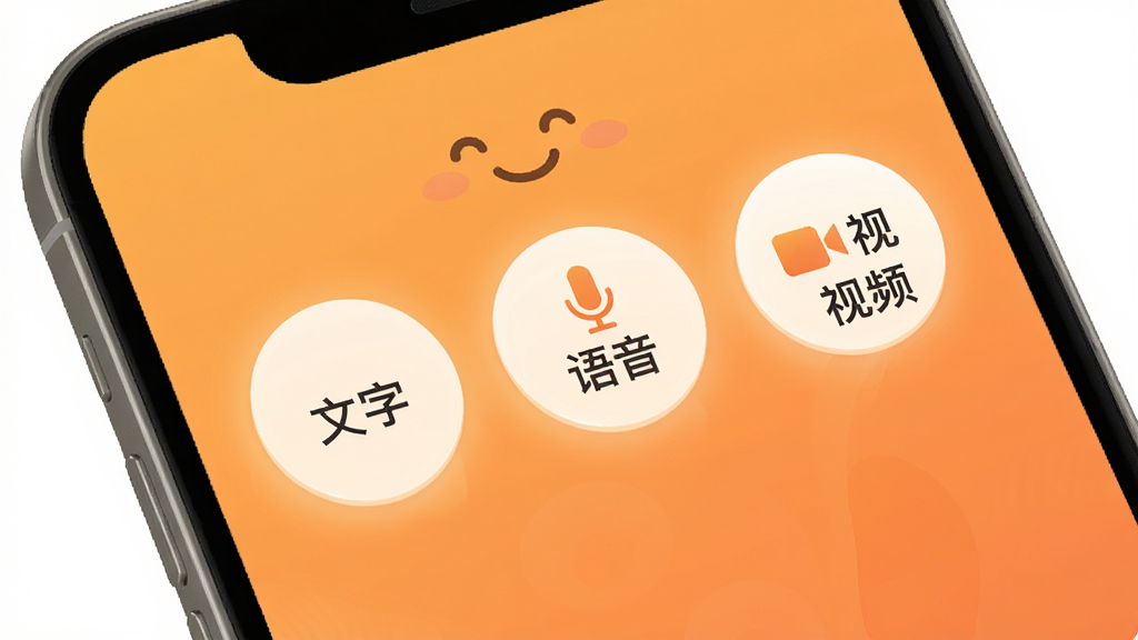 询惑App多模式沟通选择界面,手机屏幕显示三个圆形按钮分别标注“文字”“语音”“视频”,按钮有柔和光效,背景是暖橙色渐变,风格亲切友好,画质干净无多余元素