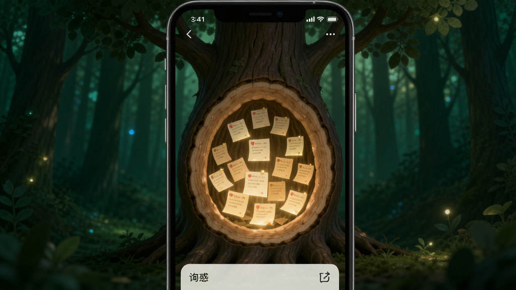 询惑App社区树洞界面,手机屏幕显示一棵大树的剖面图,树洞里有许多发光的小纸条,每个纸条代表一条匿名动态,背景是深绿色森林,风格治愈神秘,画质干净无多余元素