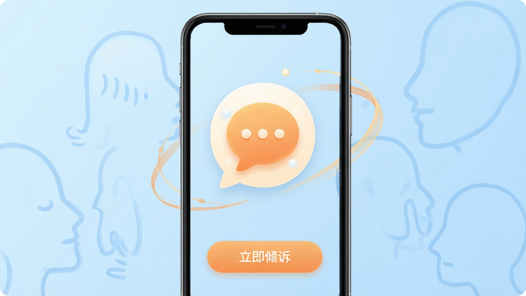 询惑App首页界面展示,手机屏幕中央显示温暖的对话气泡图标,背景是柔和的浅蓝色渐变,周围环绕着代表倾听与陪伴的抽象线条元素,界面下方有“立即倾诉”按钮,整体风格温暖治愈,画质干净清晰,无多余装饰
