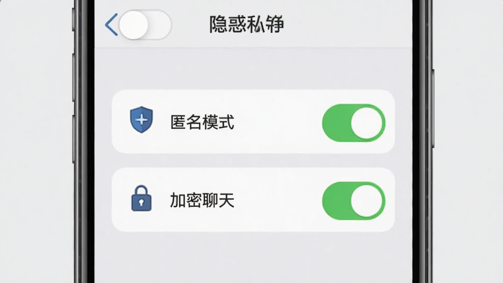 询惑App设置与隐私保护界面,手机屏幕显示多个开关按钮,其中“匿名模式”和“加密聊天”处于开启状态,旁边有盾牌和锁的图标,背景是浅灰色,风格简洁实用,画质干净清晰
