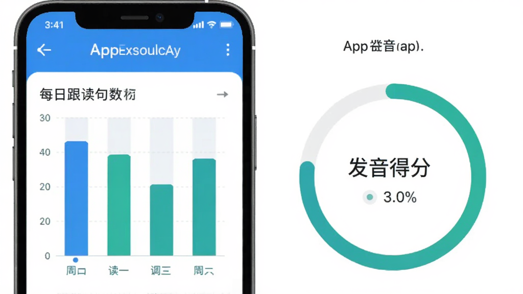科普英语APP学习报告页面,手机屏幕显示柱状图和环形进度条,数据展示每日跟读句数和发音得分,配色为蓝白绿,布局清晰,风格现代扁平,画质干净无多余元素