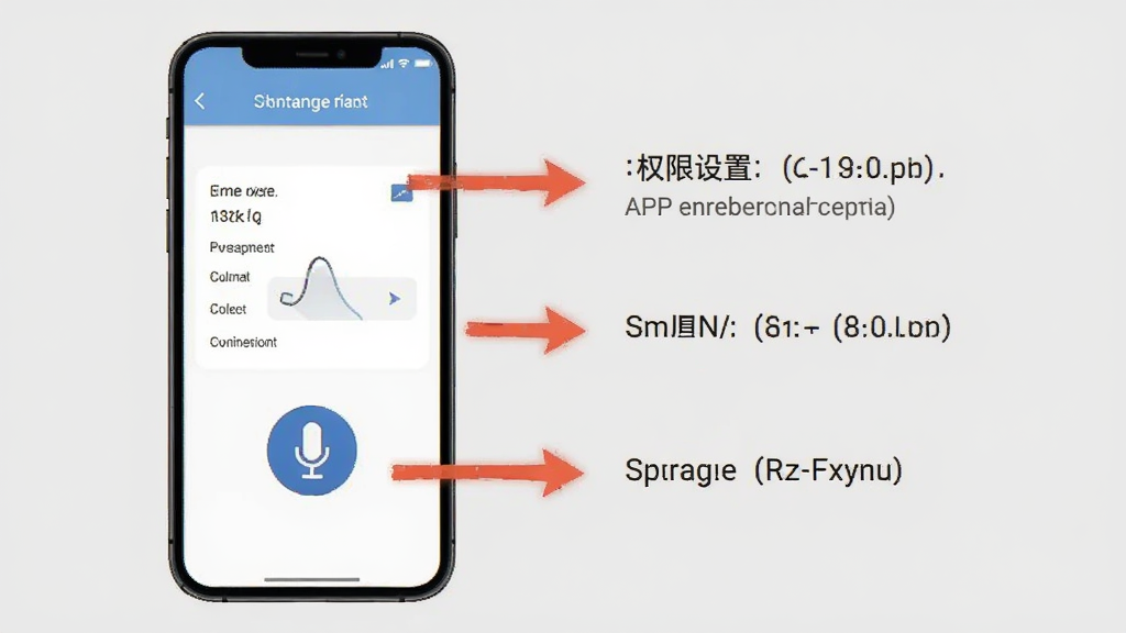 科普英语APP移动端使用教程示意图,手机屏幕显示权限设置和麦克风图标,旁边有箭头指示操作步骤,背景为浅灰色,风格简洁明了,画质干净无多余元素
