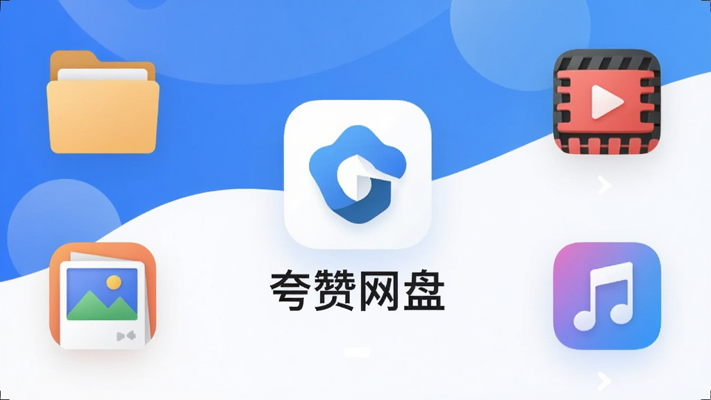一张展示夸赞网盘手机App主界面的图片,画面中央是夸赞网盘的Logo和名称,周围环绕着文件夹、照片、视频、音乐等文件类型图标,背景是简洁的蓝白渐变,界面布局清爽,风格现代扁平,细节圆润,画质干净无多余元素