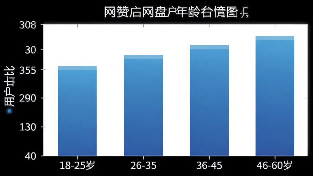 一张夸赞网盘用户年龄分布柱状图,横轴为年龄段18-25岁、26-35岁、36-45岁、46-60岁,纵轴为用户占比,柱状颜色为蓝色渐变,图表简洁清晰,背景白色,画质干净