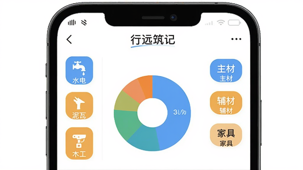 手机屏幕显示“行远筑记”的装修记账分类界面,左侧是水电、泥瓦、木工等工种图标,右侧是主材、辅材、家具等分类标签,中间有饼状图展示各项占比,界面风格现代扁平,文字标签清晰,画质干净