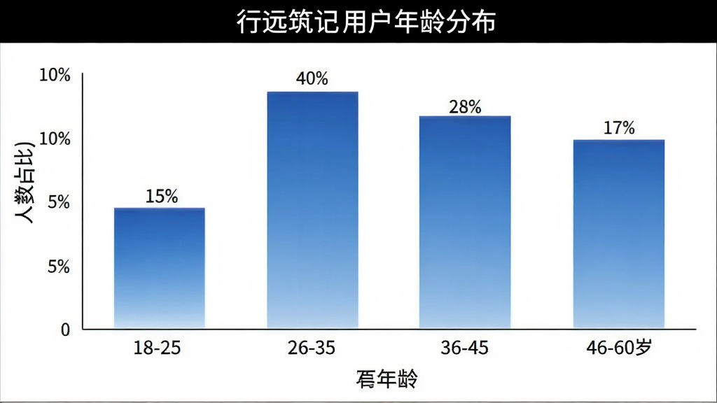 一张柱状图展示行远筑记用户年龄分布,横轴为年龄区间,纵轴为人数占比,18-25岁占15%,26-35岁占40%,36-45岁占28%,46-60岁占17%,柱状图颜色为蓝色渐变,背景白色,风格简洁商务