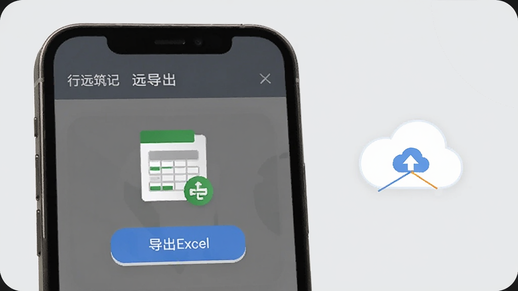画面展示“行远筑记”的数据导出界面,手机屏幕上显示一个表格图标和“导出Excel”按钮,旁边有云端备份的云朵图标,背景是浅灰色,风格简洁商务,画质干净