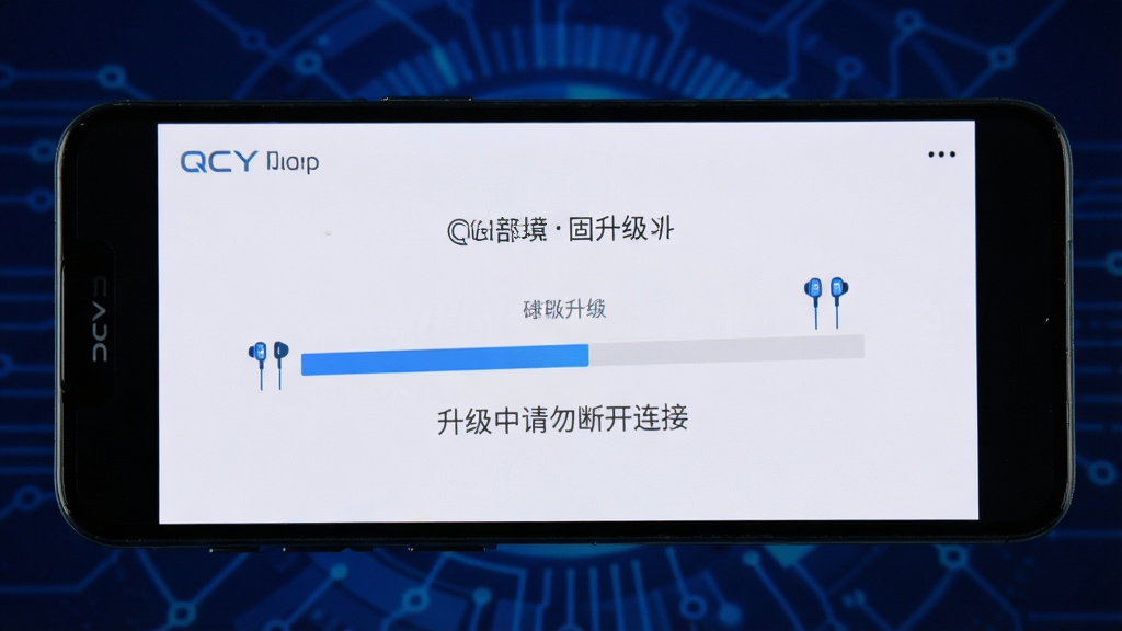 一部手机屏幕显示QCY Audio的固件升级界面,画面中有进度条和耳机图标,旁边有“升级中请勿断开连接”的提示文字,背景为深蓝色科技风格,画质清晰干净