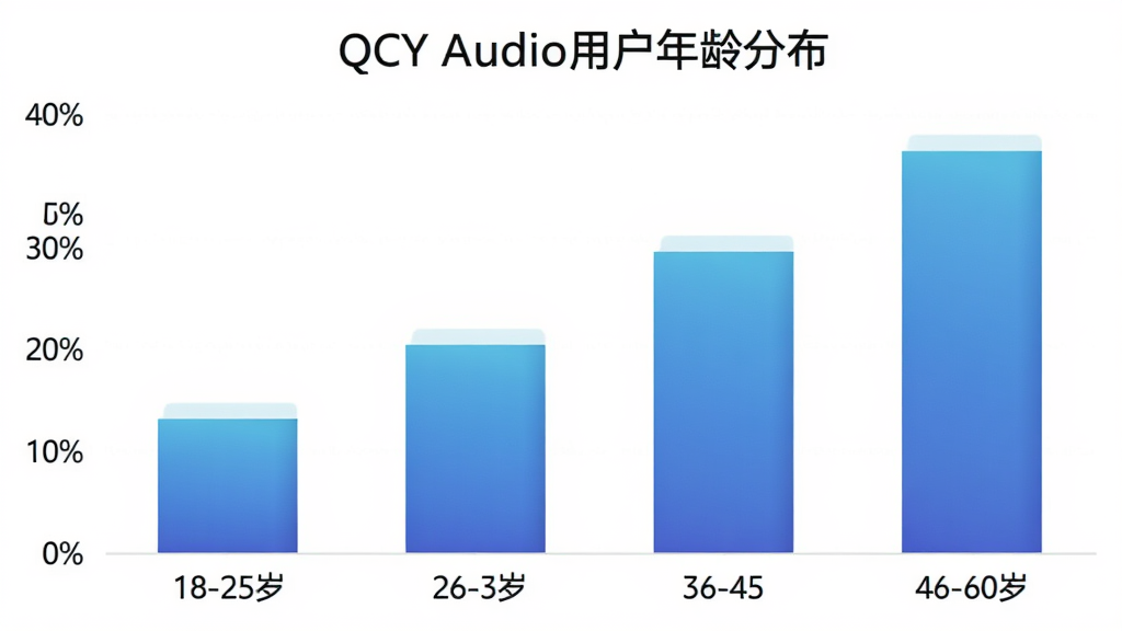 一张柱状图展示QCY Audio用户年龄分布,横轴为年龄段18-25岁、26-35岁、36-45岁、46-60岁,纵轴为用户占比百分比,柱子颜色为渐变蓝色,图表标题为“QCY Audio用户年龄分布”,风格简洁现代,画质清晰