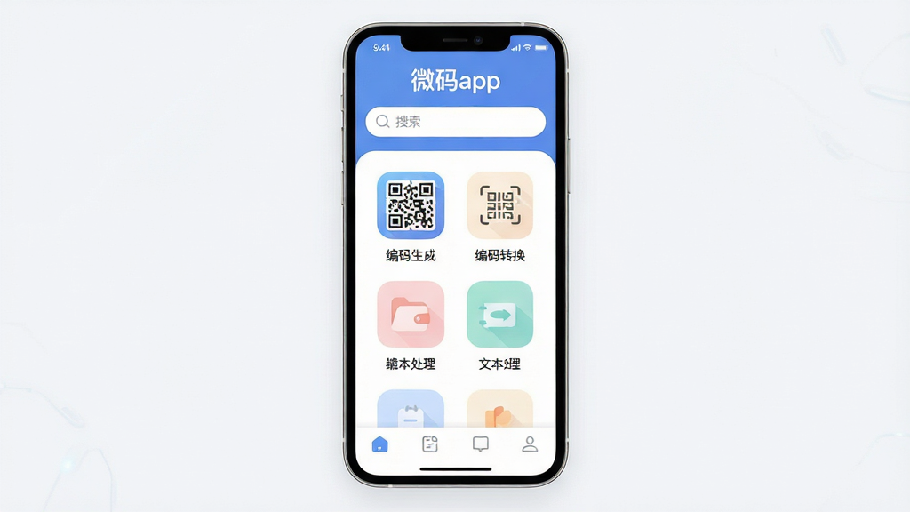 微码app核心界面全貌展示,主体是一个现代简约风格的手机屏幕,屏幕中央显示着微码app的主页,布局清晰,顶部有醒目的软件名称“微码app”和简洁的搜索栏,中间区域排列着二维码生成、编码转换、文本处理等核心功能图标,图标设计扁平化且色彩柔和,底部有导航栏,整体排版干净整洁,风格现代科技感,细节圆润无多余装饰,画质高清,2K分辨率,无任何杂乱元素