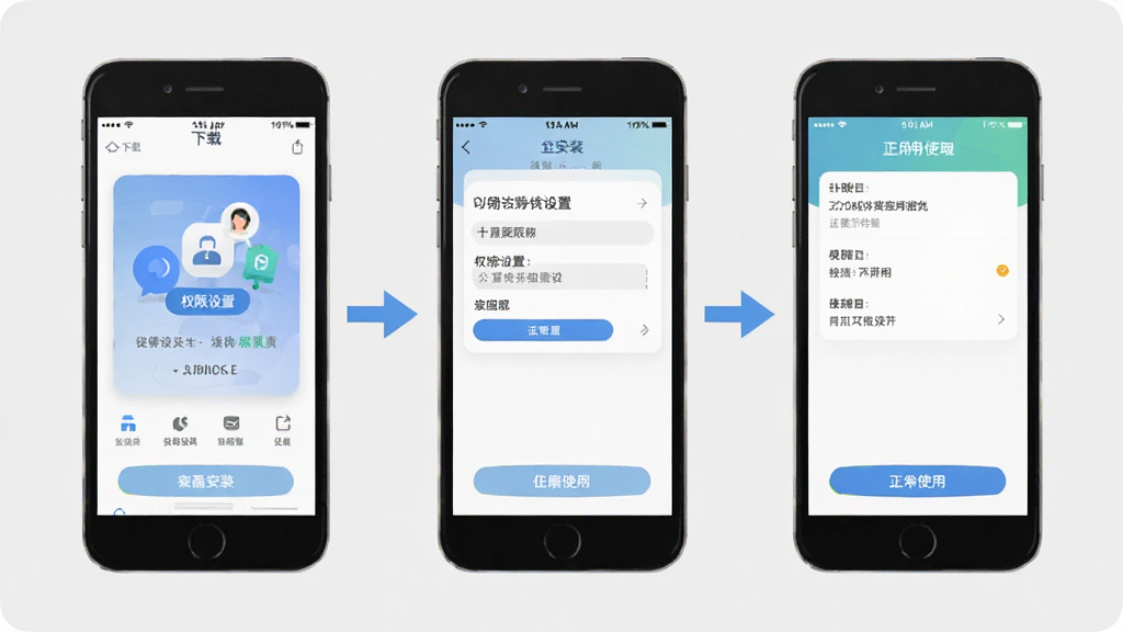 微码app安装使用步骤示意图,画面展示三部手机并排,分别显示下载安装、权限设置、正常使用三个阶段的界面,手机之间有箭头连接表示流程,背景是简洁的浅灰色,风格扁平化信息图,细节明确,画质清晰,无多余元素
