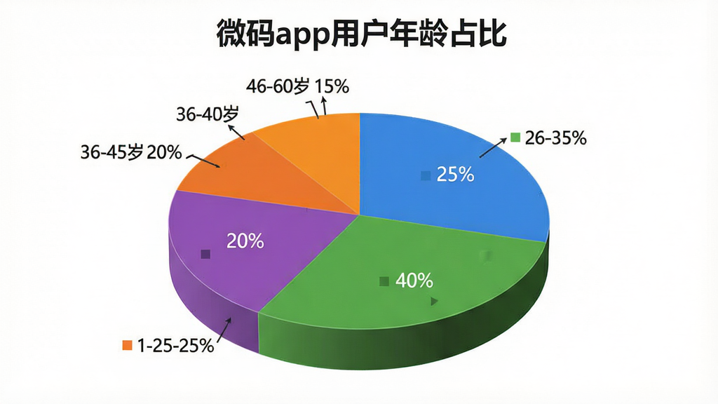 微码app用户年龄分布饼状图,图表标题为“微码app用户年龄占比”,数据显示18-25岁占比25%,26-35岁占比40%,36-45岁占比20%,46-60岁占比15%,图表采用立体饼图样式,颜色区分明显,数据标签清晰,背景干净,风格商务简洁,画质高清