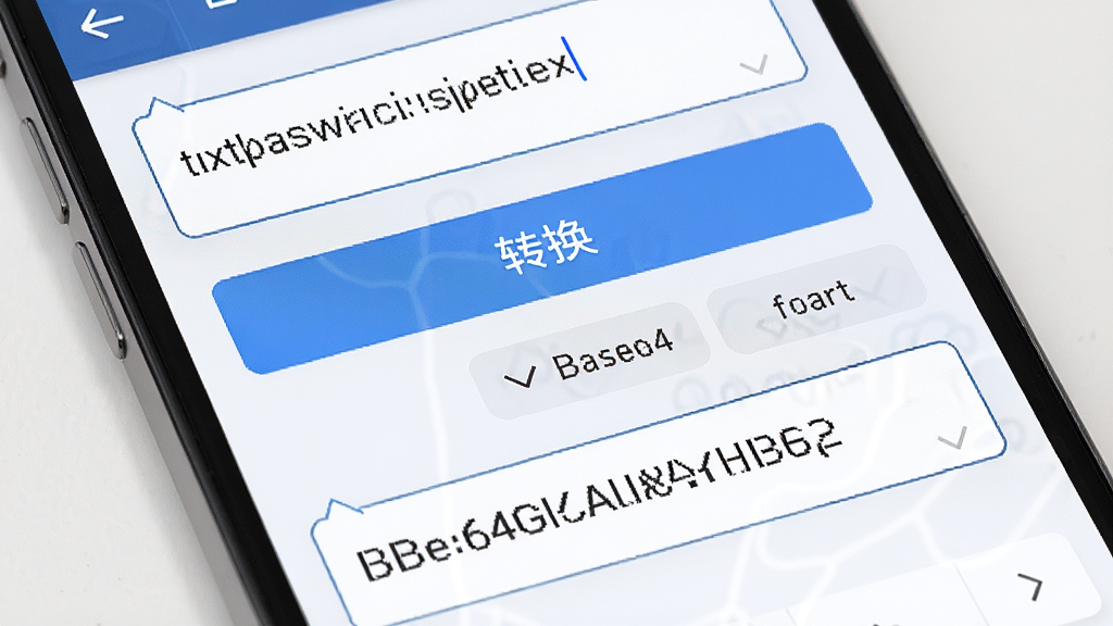 微码app编码转换功能界面特写,手机屏幕显示着编码转换工具页面,上方输入框有原始文本,下方输出框显示着转换后的Base64编码结果,界面中间有清晰的转换按钮和格式选择标签,整体排版逻辑分明,风格简约商务,细节精致,画质清晰,无杂乱元素