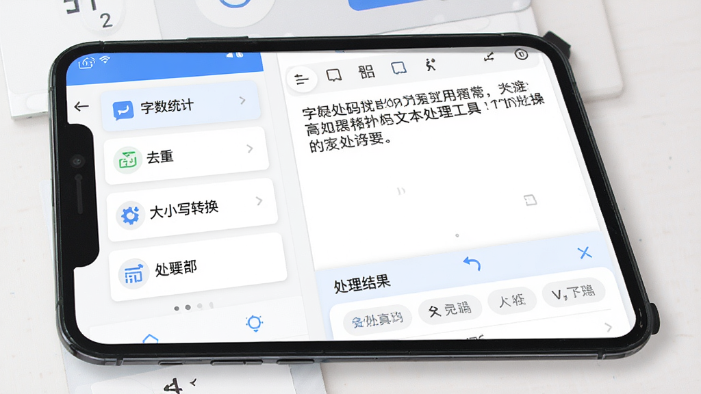 微码app文本处理工具操作展示,手机屏幕显示着文本处理界面,左侧是功能列表包括字数统计、去重、大小写转换等,右侧是文本编辑区域,下方有处理结果展示,界面采用卡片式设计,风格清爽,细节清晰,画质干净,无多余元素