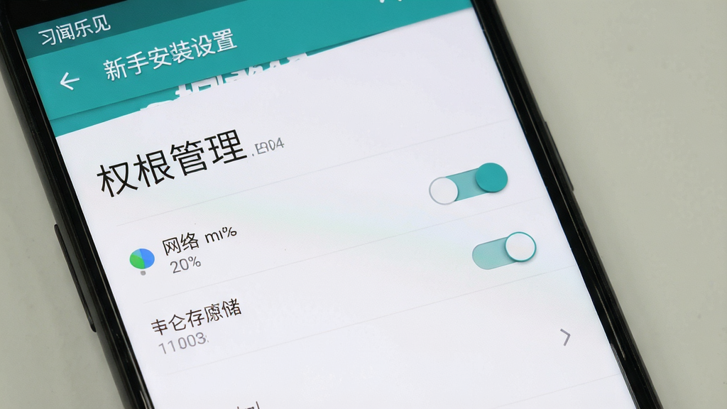 习闻乐见 新手安装设置界面 手机屏幕显示权限管理页面 有网络和存储权限开关 风格为安卓原生设置风格 细节清晰 画质干净无多余元素