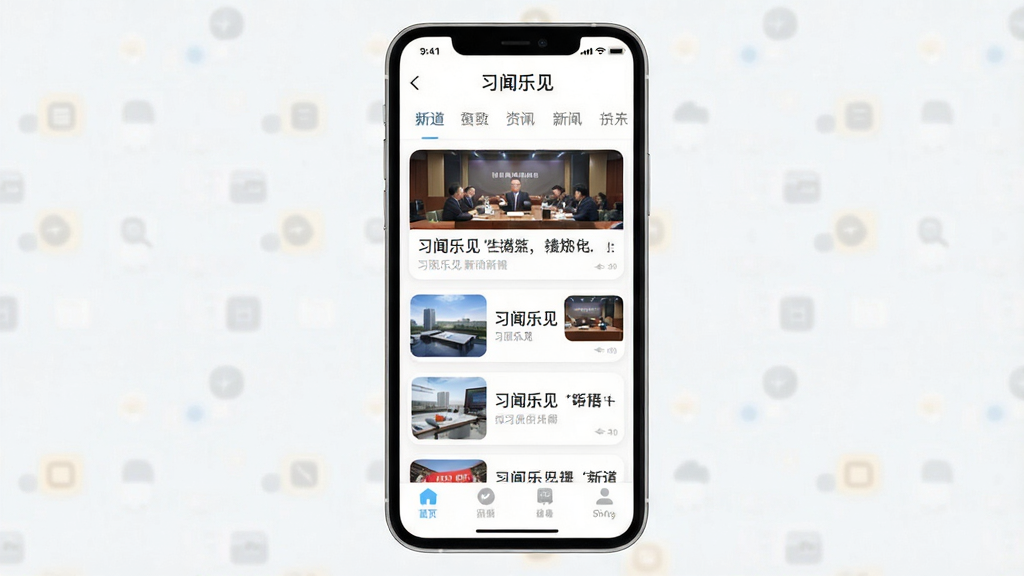习闻乐见 新闻资讯阅读APP主界面展示 手机屏幕中央显示APP名称“习闻乐见” 顶部为频道导航栏 中间为新闻卡片列表 底部为功能选项卡 整体布局为上下结构 风格为现代简约扁平化 细节圆润图标清晰 画质干净无多余元素