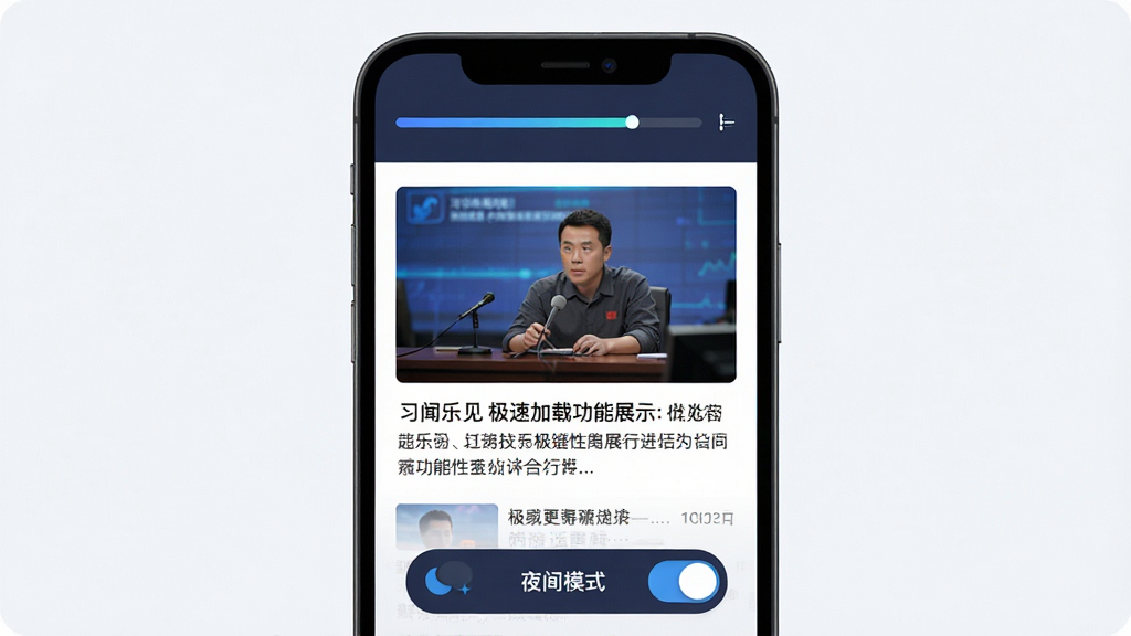 习闻乐见 极速加载功能展示 手机屏幕显示新闻内容页 顶部有加载进度条 中间为图文混排新闻 底部有夜间模式切换按钮 风格为科技感扁平化 细节清晰 画质干净无多余元素