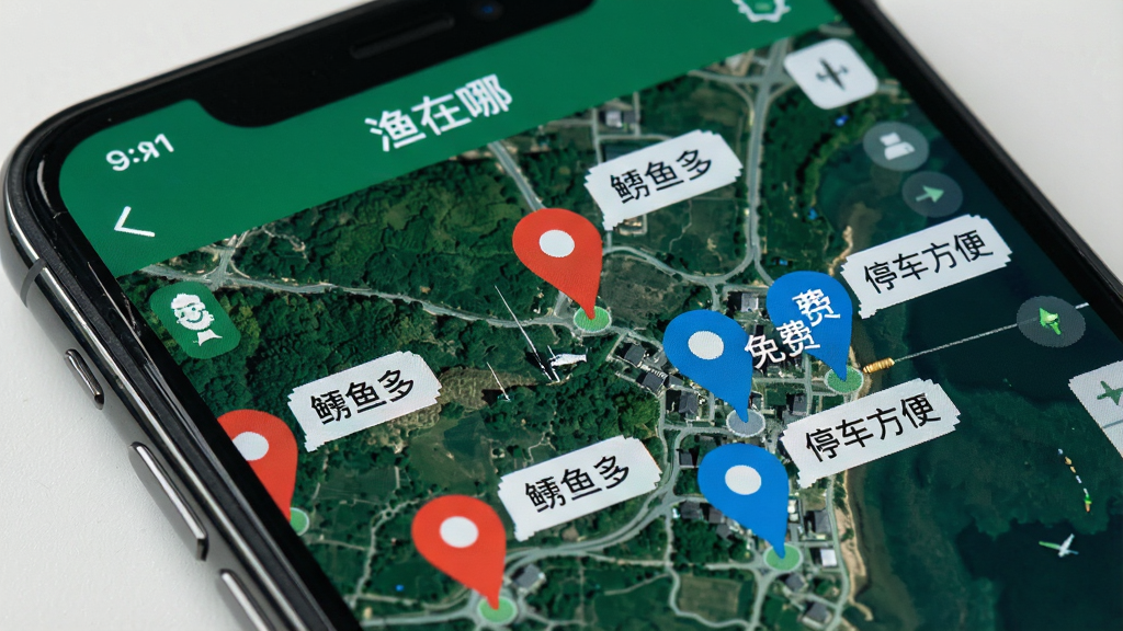 手机屏幕特写,显示“渔在哪”App的实时钓点地图界面,地图上有一个个红色和蓝色的定位图钉,图钉旁边有小气泡显示“鲫鱼多”“免费”“停车方便”等标签,背景是绿色的卫星地图,画面风格写实,细节清晰,画质干净