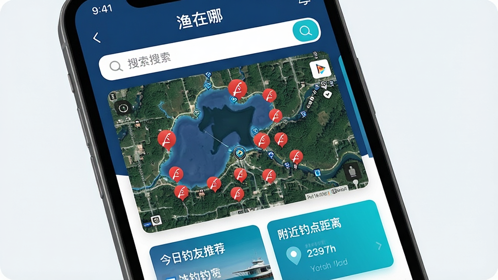 一张手机屏幕展示着“渔在哪”App的主界面,界面以深蓝色和青色为主色调,中间是一张带有湖泊和河流标记的卫星地图,地图上散布着红色的钓鱼图标,屏幕上方有搜索栏,下方卡片显示着“今日钓友推荐”和“附近钓点距离”,整体布局清晰,风格现代简约,画质干净明亮,无多余元素
