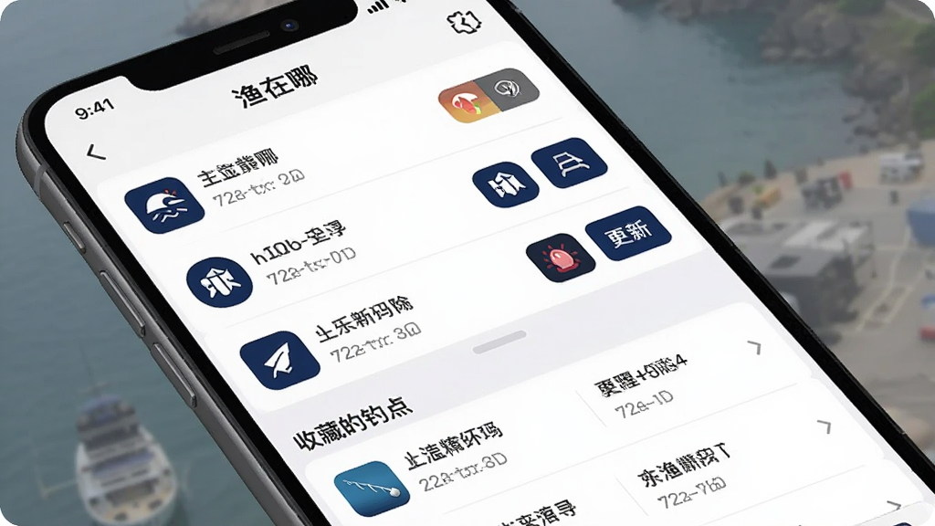手机屏幕展示“渔在哪”App的离线地图管理界面,列表中有几个已下载的区域名称和大小,旁边有删除和更新按钮,下方有“收藏的钓点”分组,显示着几个钓点名称和距离,界面以白色为主,图标为深蓝色,风格简洁高效