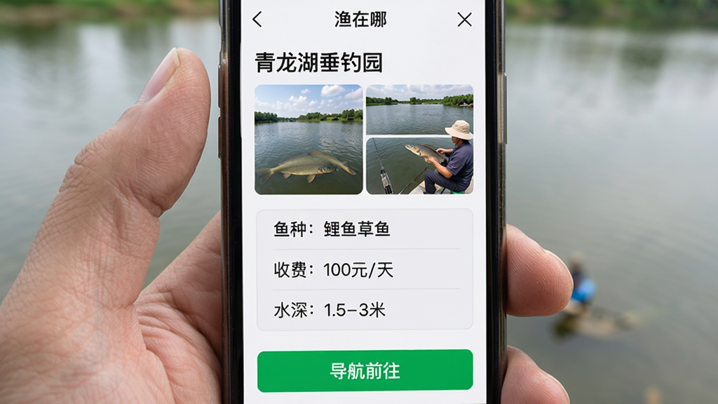 手机屏幕显示“渔在哪”App的钓场详情页,页面上方是钓场名称“青龙湖垂钓园”和几张实拍照片,中间是表格列出“鱼种:鲤鱼草鱼”“收费:100元/天”“水深:1.5-3米”,底部有一个绿色的“导航前往”按钮,界面排版整齐,信息清晰,风格实用