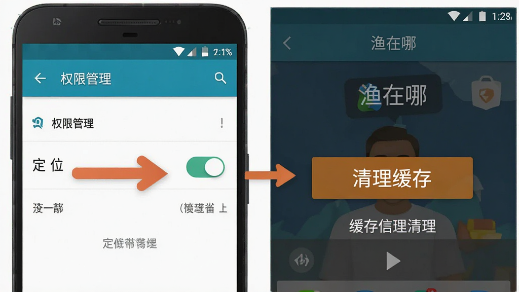 一张示意图,左边是安卓手机设置界面,箭头指向“权限管理”中的“定位”开关,右边是“渔在哪”App的缓存清理页面,中间有“清理缓存”按钮,整体风格为扁平化教学图示,颜色清晰,文字标注明确,画质干净无多余元素