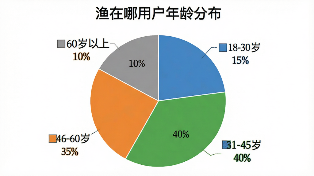 一张饼状图,标题为“渔在哪用户年龄分布”,饼图分为四块,分别标注“18-30岁 15%”“31-45岁 40%”“46-60岁 35%”“60岁以上 10%”,颜色分别为蓝色、绿色、橙色、灰色,图表风格简洁,数据清晰,背景为白色,画质干净