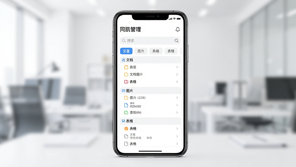 同凯管理文件归档界面,手机居中,屏幕显示“同凯管理”文件列表,按文档、图片、表格分组,带搜索框和标签栏,背景白色,布局清晰,风格现代办公,细节整齐,画质干净无多余元素