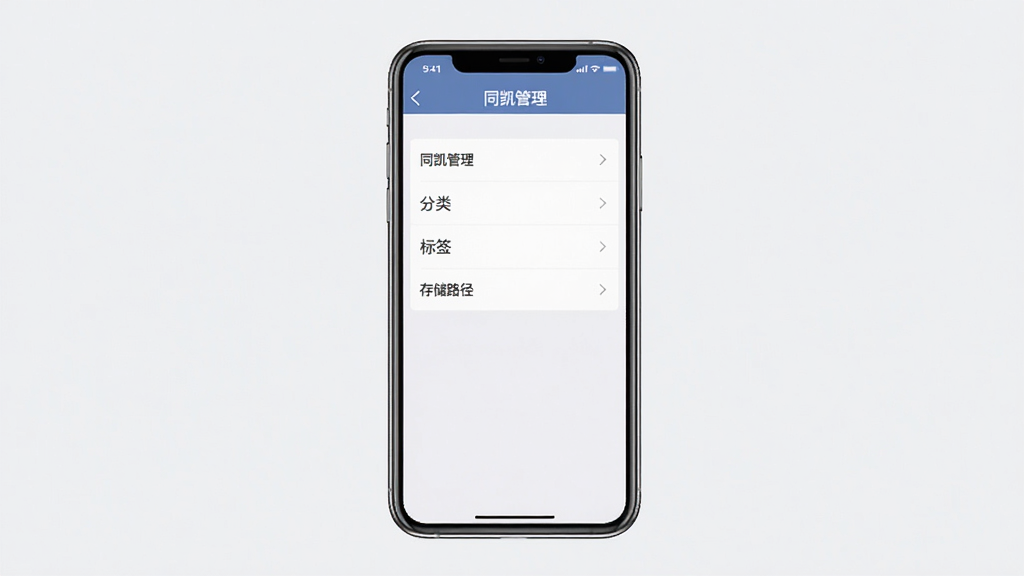 同凯管理新手设置引导界面,手机居中,屏幕显示“同凯管理”设置页,包含分类、标签、存储路径选项,背景浅灰,布局列表式,风格简洁易用,细节清晰,画质干净无多余元素