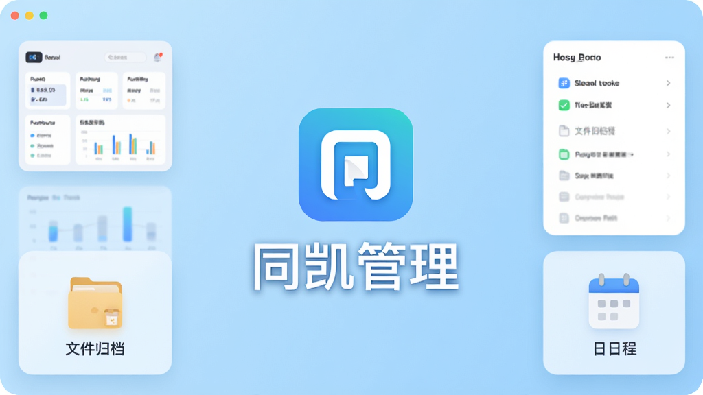 同凯管理应用主界面全貌展示,居中放置软件图标与名称“同凯管理”,背景为浅蓝渐变,四周环绕数据看板、任务列表、文件归档、日程图标,布局简洁清晰,排版上下结构,风格现代扁平化,细节圆润,画质干净高清,无多余元素