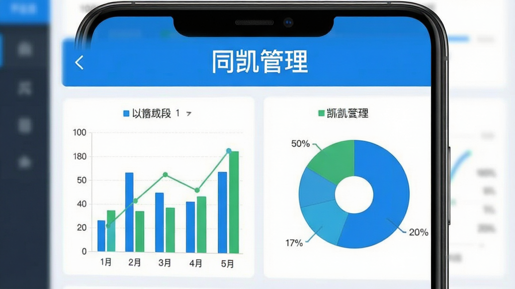 同凯管理数据统计界面,手机居中,屏幕显示“同凯管理”标题和柱状图、饼图,图表颜色蓝绿搭配,背景浅白,布局上下结构,风格数据可视化,细节清晰,画质干净无多余元素