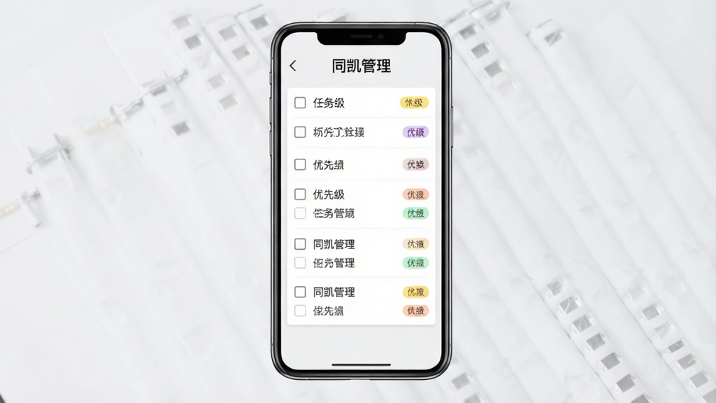 同凯管理任务管理界面,手机屏幕居中,屏幕内显示“同凯管理”标题和任务列表,列表项带勾选框和优先级标签,背景浅灰,布局上下排列,风格简洁商务,细节清晰,画质干净无多余元素