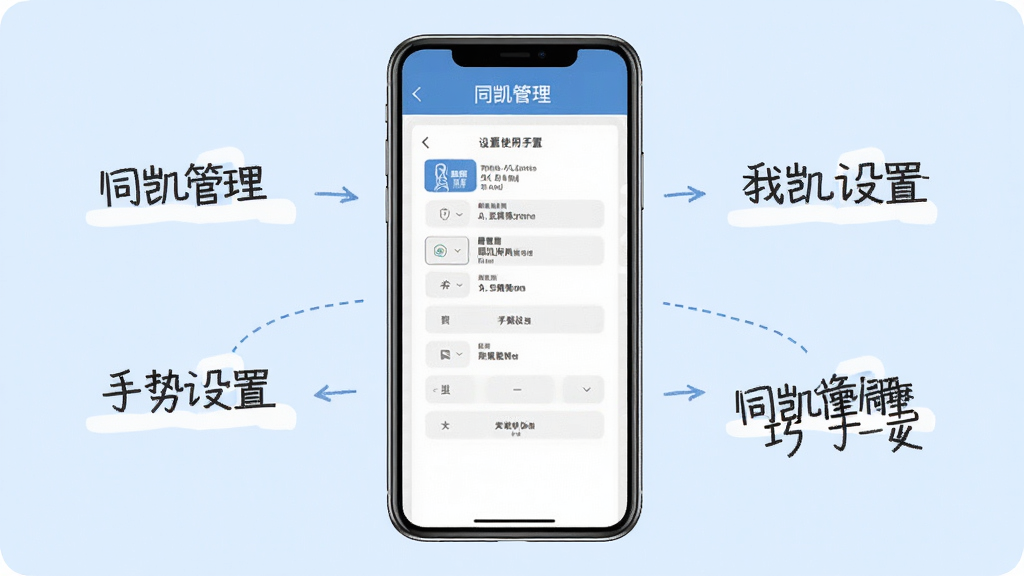 同凯管理使用技巧示意图,手机居中,屏幕显示“同凯管理”标签设置和手势设置页面,背景浅蓝,布局分屏展示,风格教学引导,细节清晰,画质干净无多余元素