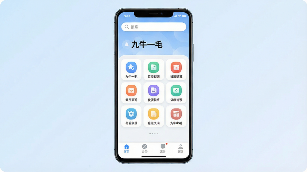一张展示“九牛一毛”App核心全貌的图片,主体为一部竖屏安卓手机,屏幕中央显示“九牛一毛”App的首页界面,界面顶部有搜索框,中部为九宫格功能图标,底部为导航栏,布局清晰,排版简洁,风格为现代扁平化设计,细节圆润,画质干净,无多余元素,背景为淡蓝色渐变。