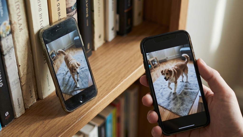 手机远程摄像头看家 功能展示图 一部旧手机放在书架上 另一部手机在手中显示监控画面 画面中有宠物在走动 布局对角线构图 风格生活化 细节自然光线 画质清晰 无多余元素