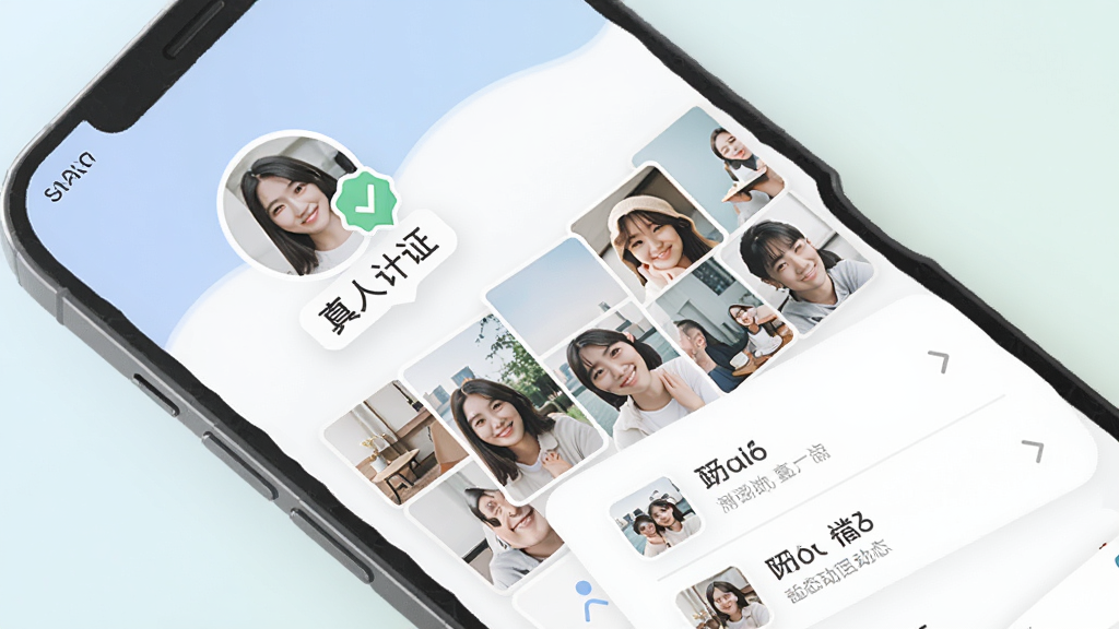 附近咪遇 手机界面 用户个人主页 显示真人认证标识 照片墙 动态列表 简洁排版 柔和色调 扁平化设计 细节圆润 画质干净 无多余元素