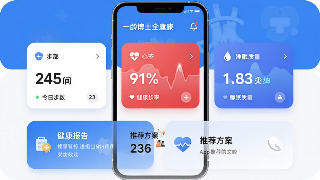 一龄博士App主界面全貌展示,主体是一个智能手机屏幕,屏幕上显示健康管理App的首页,包含今日步数、心率、睡眠质量三个数据卡片,下方有健康报告和推荐方案入口,布局清晰,排版简洁,风格现代扁平化,细节圆润,画质干净,无多余元素,文字清晰可辨,整体色调以蓝白为主,给人专业又轻松的感觉