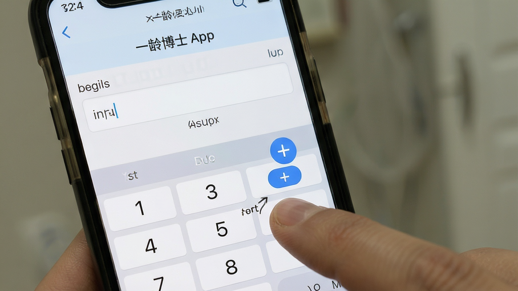 一龄博士App在手机上的数据录入操作截图,手指点击加号按钮,屏幕显示血压输入框,数字键盘弹出,背景是浅色界面,风格直观易用,画质清晰,无多余元素,操作指引明确