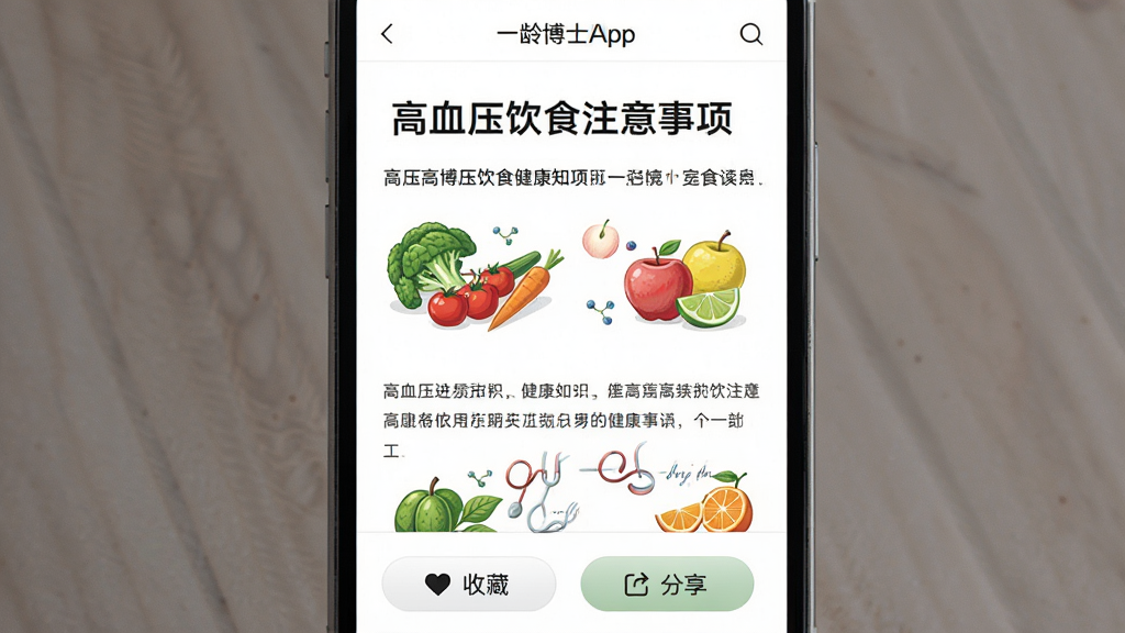 一龄博士App健康知识页面,手机屏幕显示一篇关于高血压饮食注意事项的文章,标题醒目,正文分段清晰,配有蔬菜水果的插图,页面底部有收藏和分享按钮,背景为纯白色,排版干净,风格简约阅读向,画质清晰,无多余元素,文字大小适中,阅读体验舒适