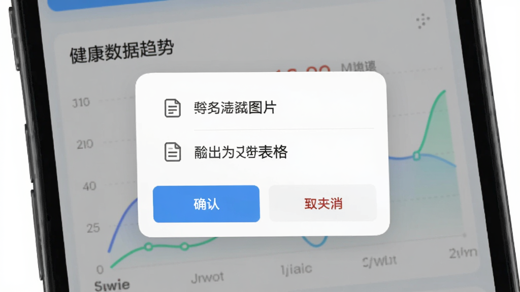 一龄博士App数据导出界面,手机屏幕显示一个导出弹窗,选项包括导出为图片和导出为表格,下方有确认和取消按钮,背景是健康数据趋势图,线条平滑,配色柔和,风格实用工具向,画质干净,无多余元素,文字提示明确